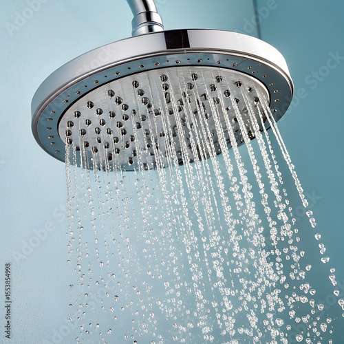 A close-up of a modern showerhead with water droplets cascading down. The background is a light blue wall, creating a clean and refreshing atmosphere.