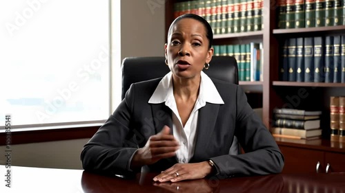 Woman at a desk in a suit seated in front of a window and bookshelf