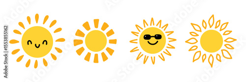 Cute sun collection. Happy cartoon characters. Summer hand drawn sunshine set for childish cards, invitations, posters, stickers. Yellow kids faces icons. Vector illustration