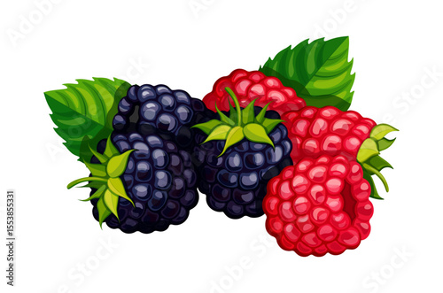 Pile of raspberries and blackberries in cartoon style. Vector illustration of fresh, juicy blackberries and raspberries peeled and with stems, leaves, isolated on white background. Seasonal berries. 