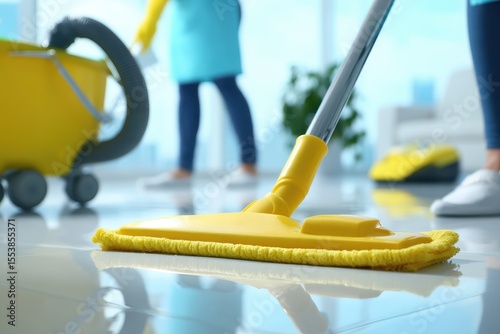Professional female cleaners, such as women, are washing floors in the workplace