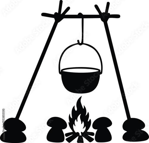 Outdoor cooking campfire pot hanging on tripod silhouette vector illustration black and white 