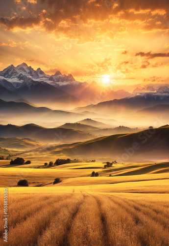 Radiant Sunset Casting Warm Light Over Golden Field and Distant Mountains