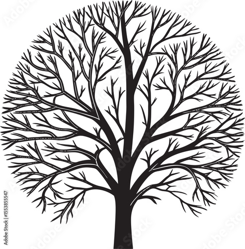 Stylized black silhouette of a bare tree with intricate branches forming a circular shape