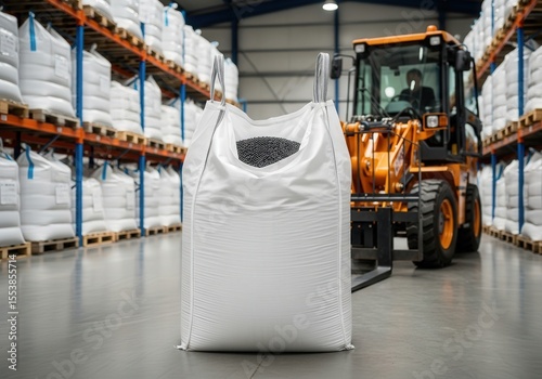 Black plastic pellets in an open bigbag, background: warehouse with raw material pallets and electric loader