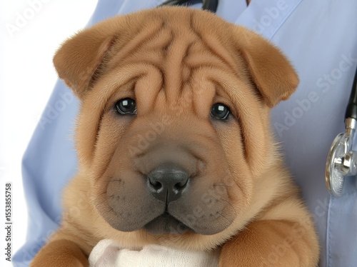 The leg of a Shar Pei dog is being bandaged by a veterinarian after the dog was injured
