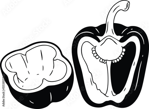 Bell pepper vegetable cut in half black and white simple vector illustration for cooking and food design 