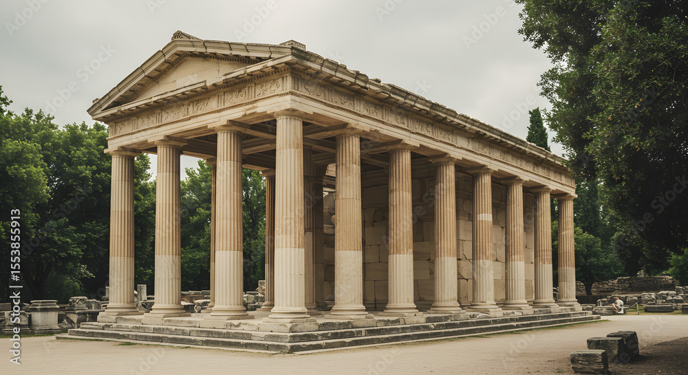 Ancient temple ruins, partially intact, with columns and a sloping roof, in a park-like setting. Ancient temple ruins, partially intact, with columns and a sloping roof, in a park-like setting.