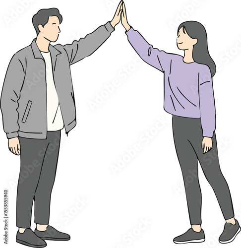 Young man and woman giving high five casual gesture friendship and teamwork illustration vector 
