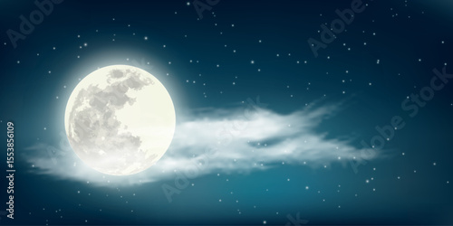 A full moon in the night sky, surrounded by stars and a translucent cloud that seems to float in front of it.