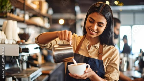 A barista pours milk into a coffee cup
