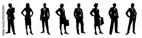 Businessman and businesswoman silhouette vector standing in formal outfit with briefcase on transparent background, black shape. 