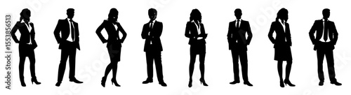 Standing businessman and businesswoman silhouette vector in elegant professional posture on transparent background, black figure