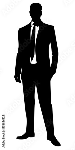 Elegant businessman silhouette vector standing in black formal outfit with strong posture on transparent background, clean design. 