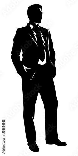 Vector silhouette of professional businessman standing in black with office attire on a transparent background, isolated view. 