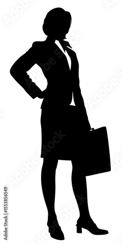 Silhouette vector of businesswoman standing in formal work clothes with graceful stance, black shape on transparent background. 