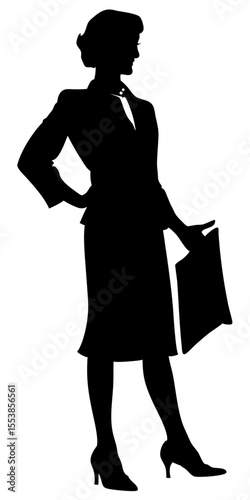 Professional businesswoman silhouette vector standing in black with confident body language on transparent background. 