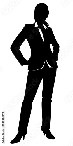 Corporate businesswoman silhouette standing alone in stylish outfit, black vector figure on transparent background. 