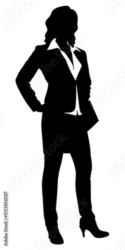Vector silhouette of businesswoman in formal suit standing upright, elegant and professional black shape on transparent background. 