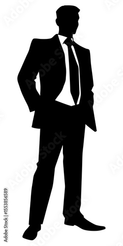 Black silhouette of a businessman standing upright in professional clothing on transparent background, clean vector style. 