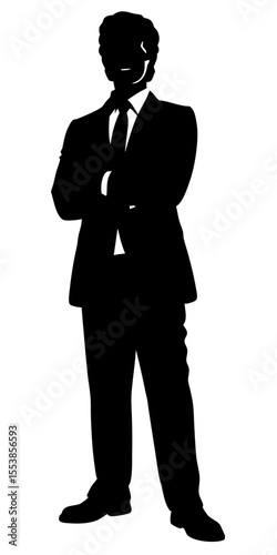 Silhouette vector of businessman in suit and tie standing still with formal briefcase on transparent background, bold black form. 