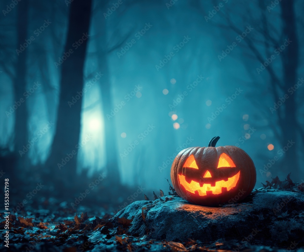 Naklejka premium Halloween pumpkin jack o lantern in spooky forest at night