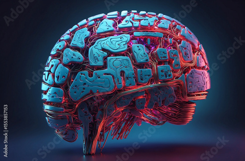 Glowing Neon Brain with Embedded Circuit Board Texture