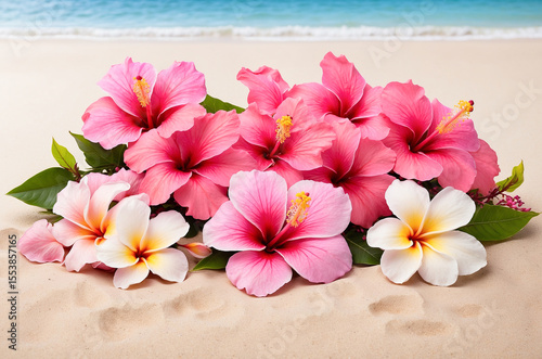 Tropical Pink Hibiscus and Plumeria Flowers in Soft Bloom