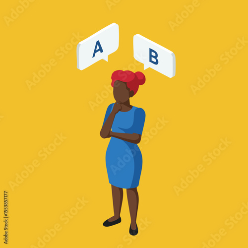 Woman with red hair thinking and choosing between options A and B on yellow background vector illustration 