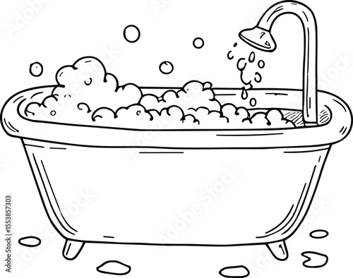 Bathtub, relaxing mood, hand-drawn doodle, black and white