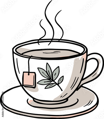 Hot tea cup, cozy mood, hand-drawn doodle, colorful