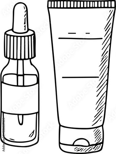 Skincare products, rejuvenating mood, hand-drawn doodle, black and white