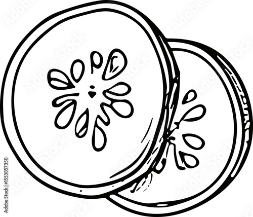Cucumber slices, refreshing mood, hand-drawn doodle, black and white