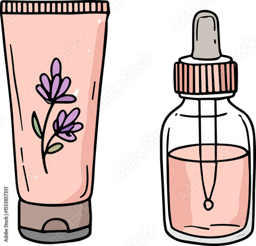 Skincare products, nourishing mood, hand-drawn doodle, colorful