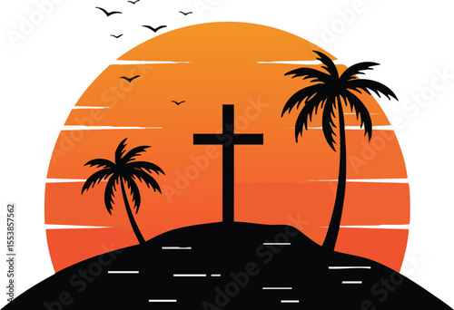 Cross on hill with palm trees and birds against orange sunset vector illustration for spiritual and nature themes 
