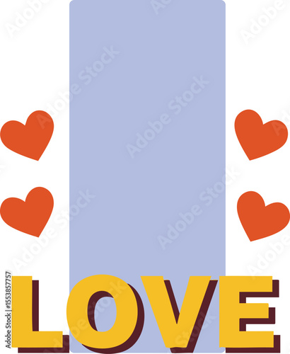 Love typography design with red hearts and blue rectangle background vector illustration for romantic and affectionate themes