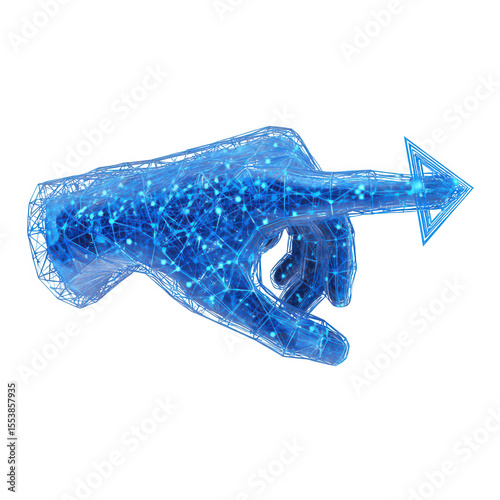 blue computer-generated hand with an arrow, isolated on a white background, png, transparent