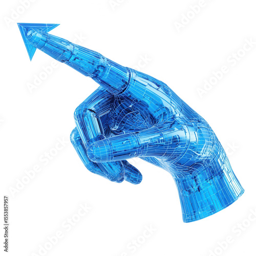 blue computer-generated hand with an arrow, isolated on a white background, png, transparent