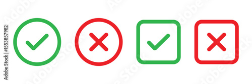 check mark icon button set. check box icon with right and wrong buttons and yes or no checkmark icons. green tick box and red cross.