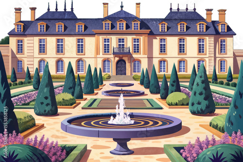 Elegant French garden featuring symmetrical hedges, classical fountains, and manicured lawns vector ideal for themes of luxury, history, and landscape design