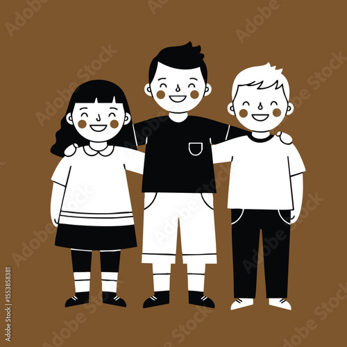 Children standing together with arms around shoulders smiling in black white and brown vector illustration 