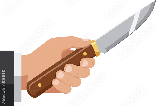 Hand Holding Knife with Brown Wooden Handle and Silver Blade Vector Illustration for Cooking or Survival Use 