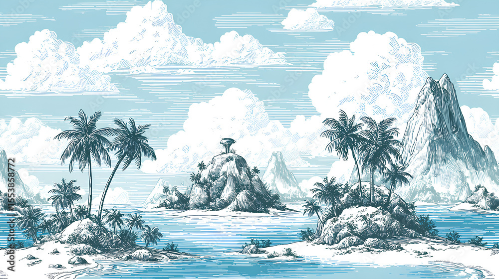 Beautiful tropical seamless pattern with hand drawn paradise islands with mountains and palm trees on beaches with ocean and clouds in sky. Ready tropical print design. Stock Illustration