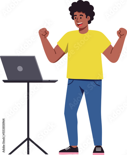 Young man celebrating success near laptop on stand in casual outfit vector illustration 