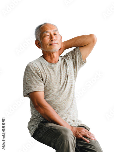 Wallpaper Mural Balanced pose Asian elder on arc barrel promoting spine health transparent Torontodigital.ca