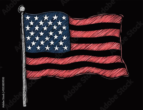 Vector design with decorative drawing of torn national 
flag of usa is fluttering in wind. 
Fashion t-shirt print. American pattern 
of stars and wavy stripes for textiles, fabric, clothing.