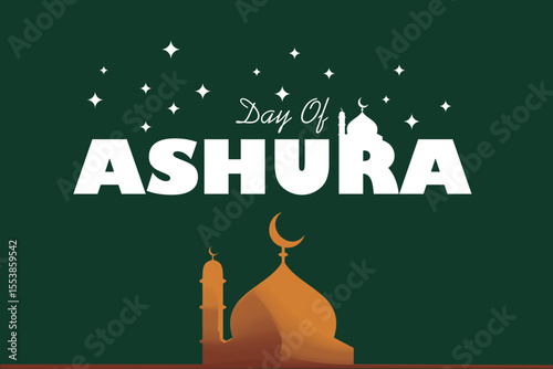 Islamic vector background for Day of Ashura featuring mosque silhouette, crescent moon, and stars. Perfect for religious posters and cultural celebrations.