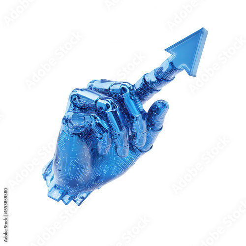 blue computer-generated hand with an arrow, isolated on a white background, png, transparent