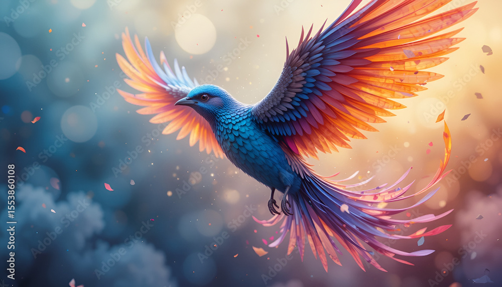 Obraz premium A captivating blue bird soars with wings of fiery orange, set against a bokeh background filled with mystical light and drifting petals.