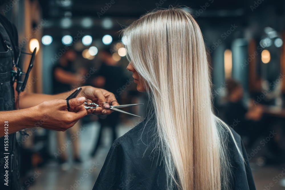 Naklejka premium Picture of a blonde person getting a trim on the ends of their hair, cropped